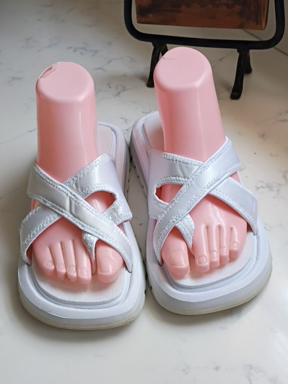 Skechers White Crisscross Slide Sandals